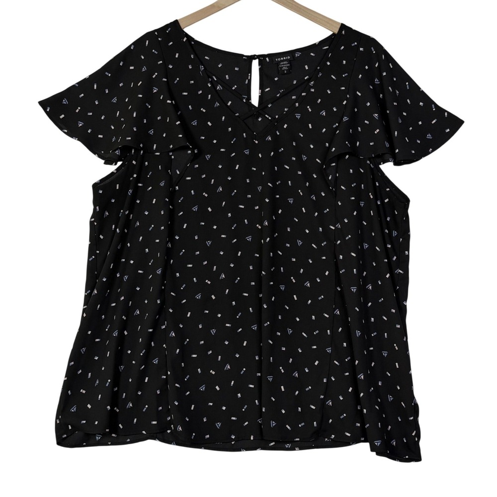 Torrid Womens 3 Black Geometric Confetti Flutter Sleeve V-Neck Blouse Office